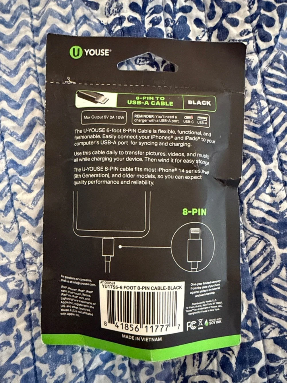 6ft 8-Pin to USB-A Cable - Black nwt